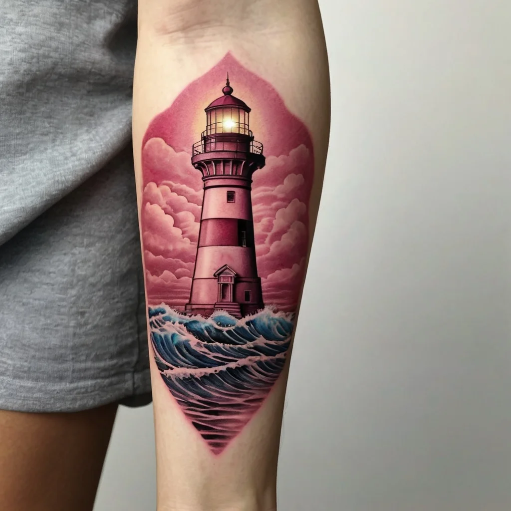 Lighthouse tattoo in pink hues, set against a cloudy sky and churning waves, symbolizing guidance and resilience.