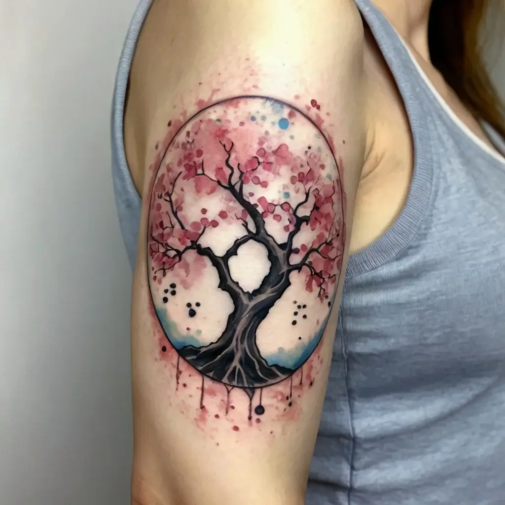 Watercolor cherry blossom tree in a circular frame, with soft pink petals and artistic ink drips on upper arm.