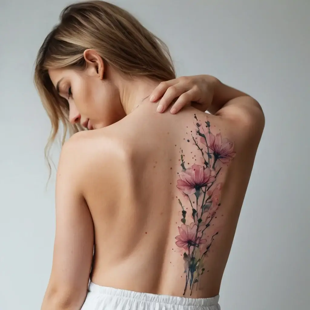 Watercolor style back tattoo with pink flowers and black splashes, adding a delicate, artistic flair to the design.