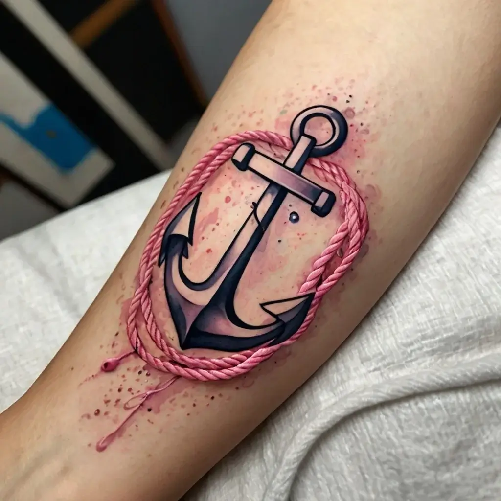 Anchor tattoo wrapped in a pink rope with watercolor splashes, symbolizing stability and hope.