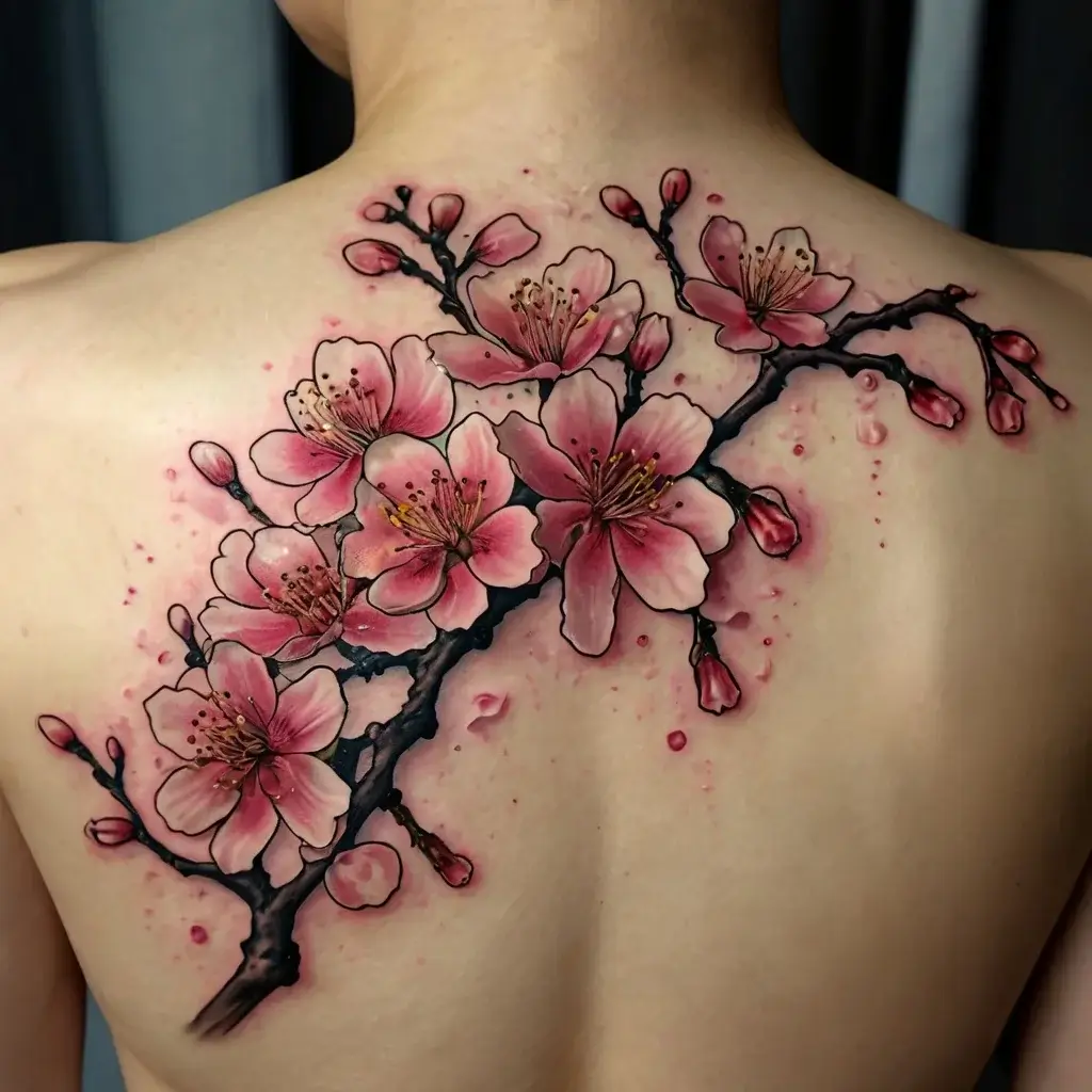 Tattoo of pink cherry blossoms on a branch; detailed petals and subtle pink shading cover the upper back.