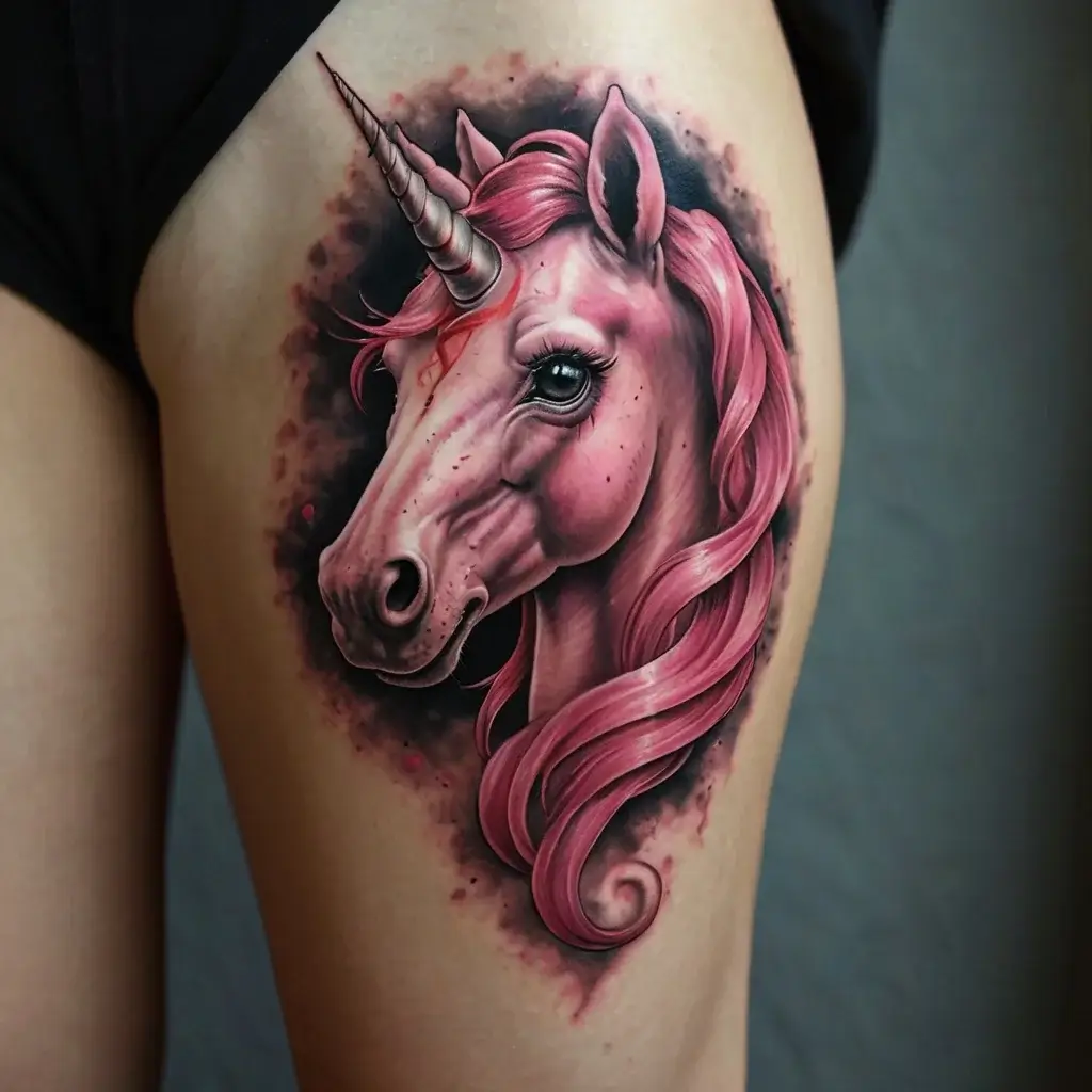 Colorful unicorn tattoo with a pink mane and horn set against a dark background, richly detailed on the thigh.