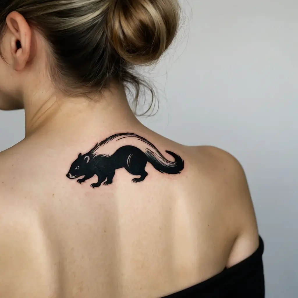 Tattoo of a stylized black skunk in silhouette on the upper back, featuring a flowing tail and minimalist details.