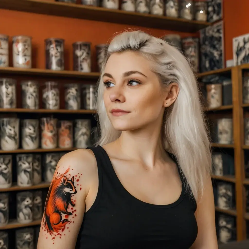 Tattoo of a stylized red fox with a black and orange fur blend, surrounded by swirling red dots on the upper arm.