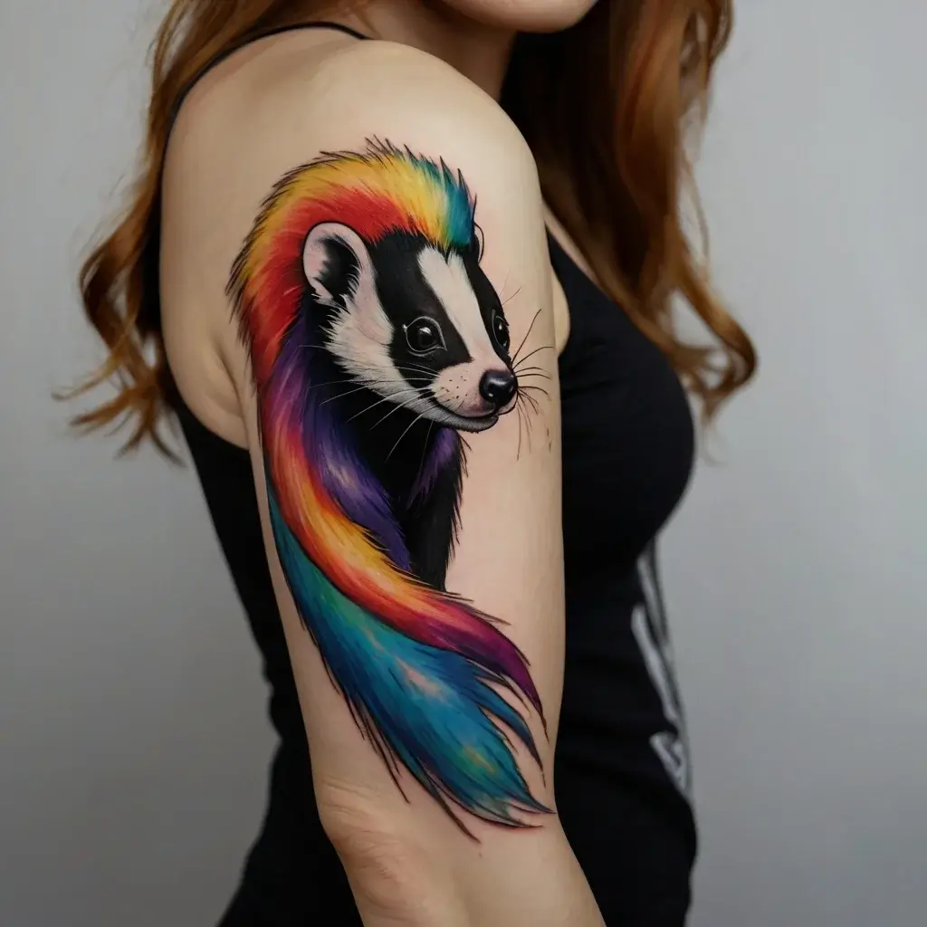 Tattoo of a black-and-white ferret with vibrant rainbow fur accents, creating a striking contrast on the arm.