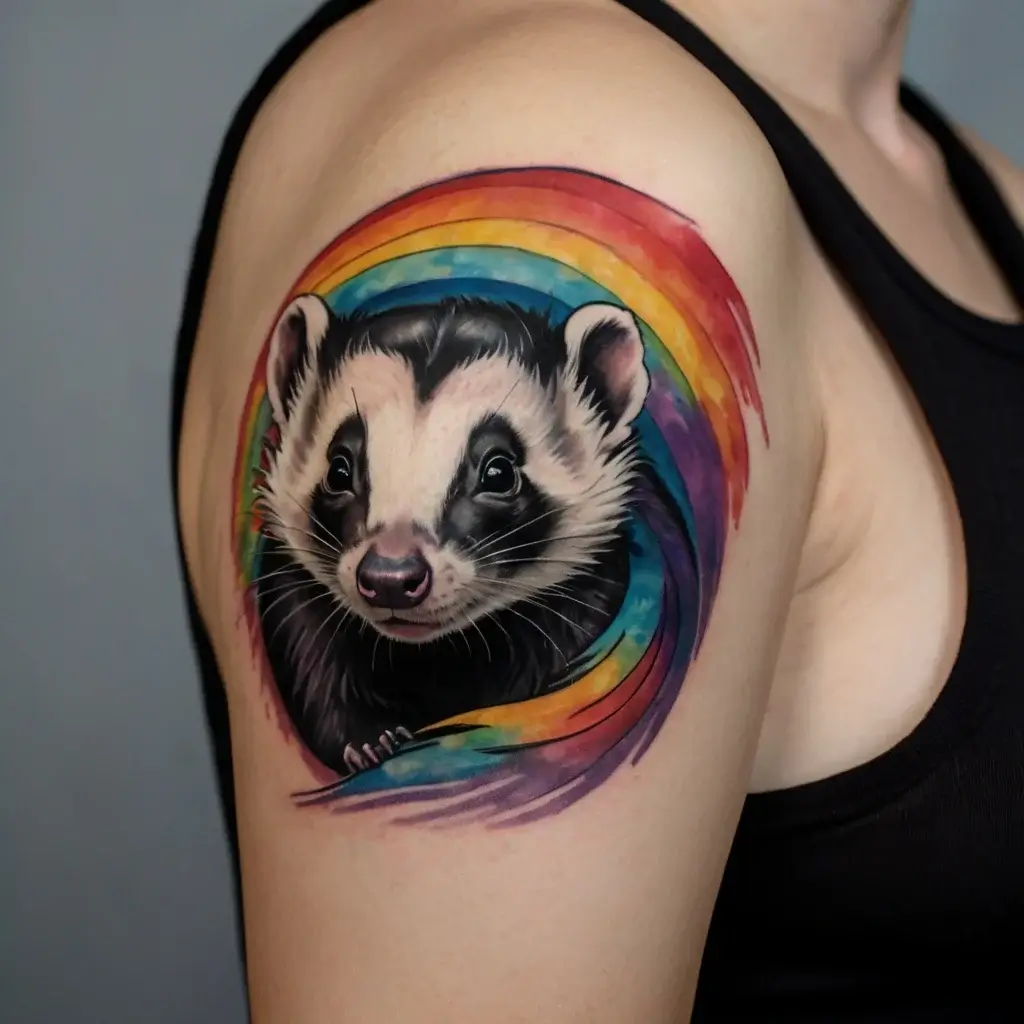 Arm tattoo of a realistic ferret framed by a vibrant rainbow swirl, showcasing vivid colors and intricate details.