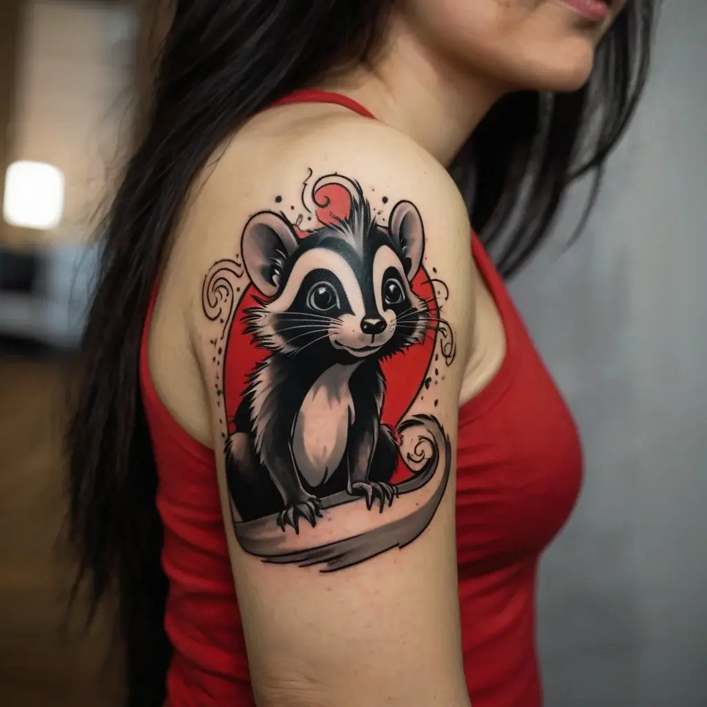 Tattoo of a cute cartoon skunk with bold outlines against a red circular background, adorned with swirling accents.