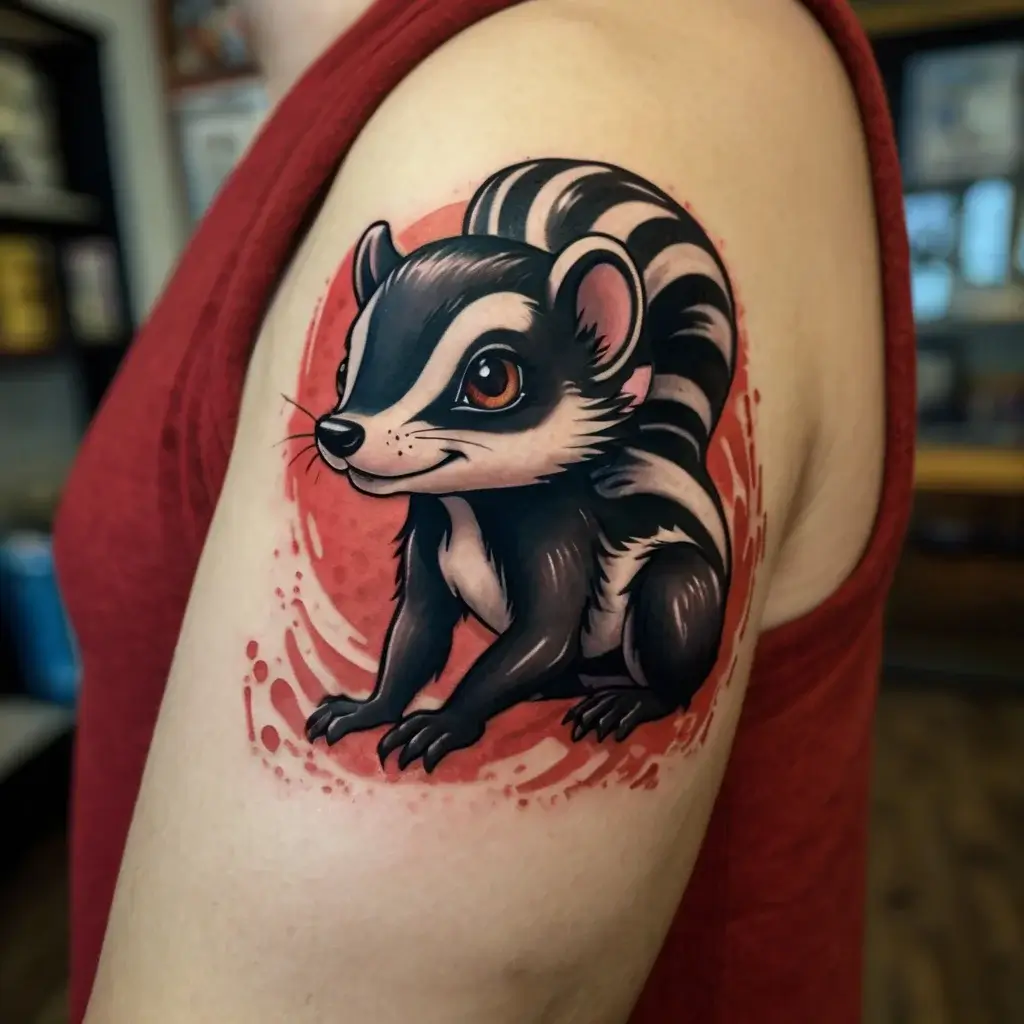 Cartoon-style skunk tattoo on arm, vibrant with bold black and white contrasts, set on a red watercolor background.