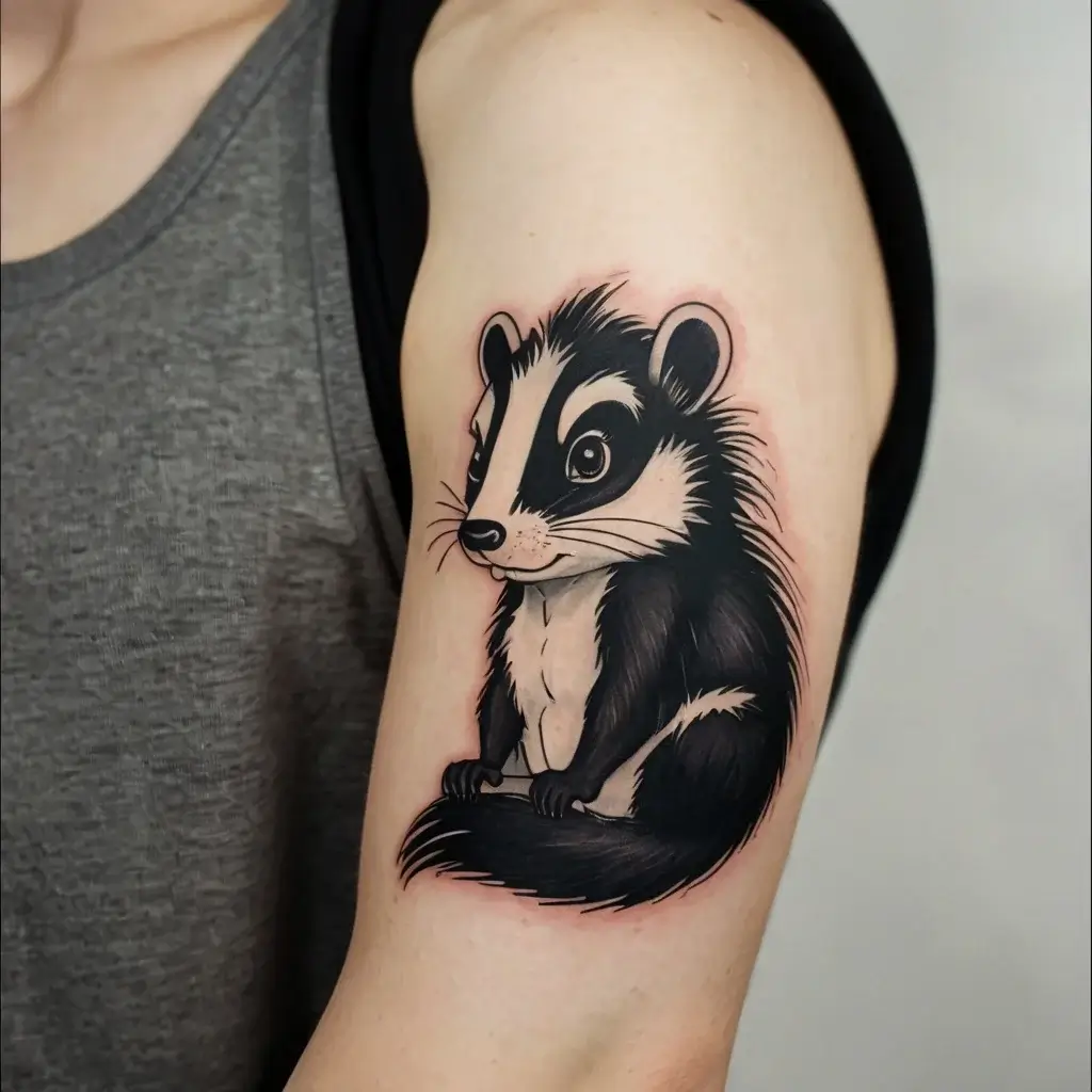 Cute cartoon badger tattoo on upper arm, featuring bold black and white shading and soft, expressive eyes.