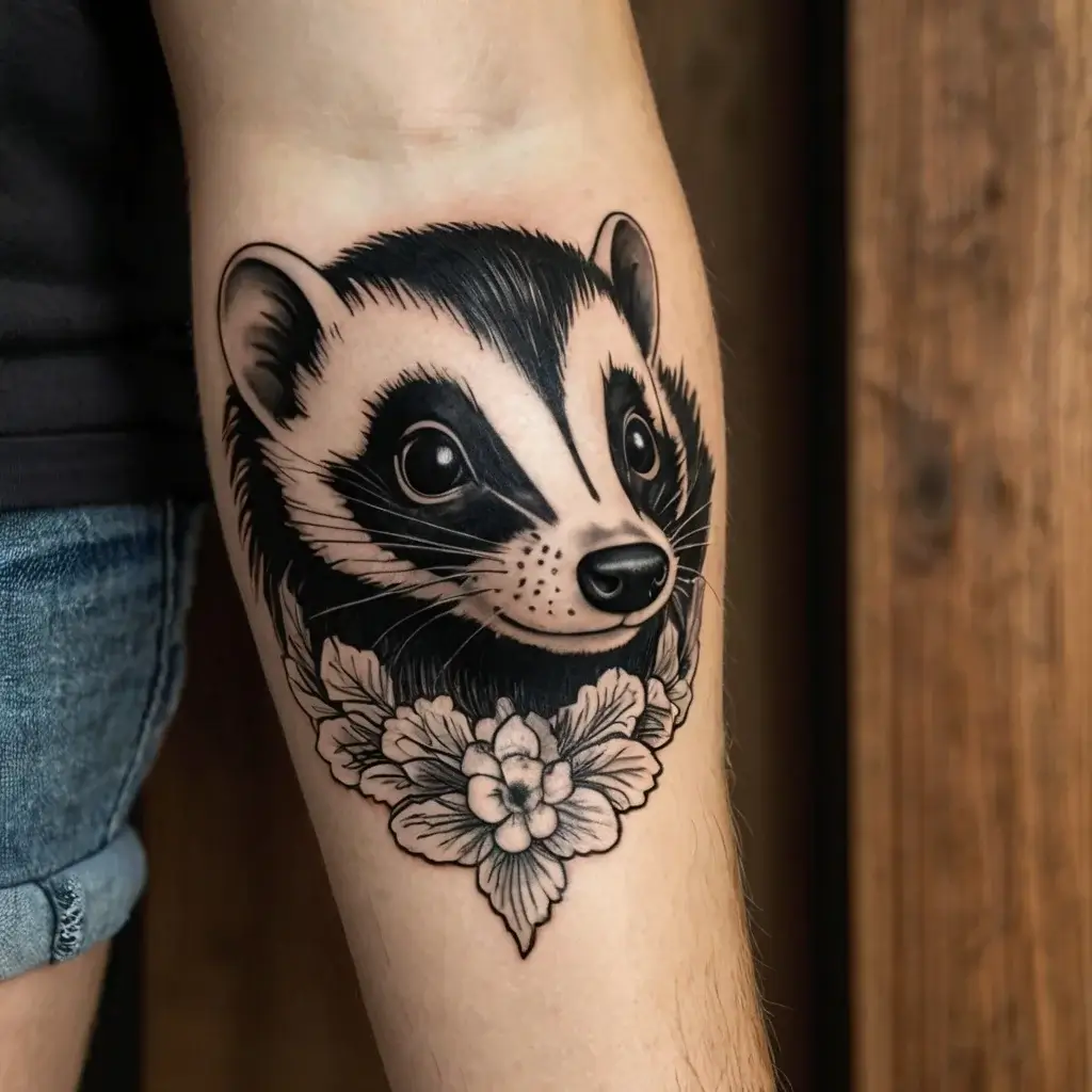 Realistic badger tattoo with bold black lines, featuring floral accents below, showcasing intricate shading and detail.