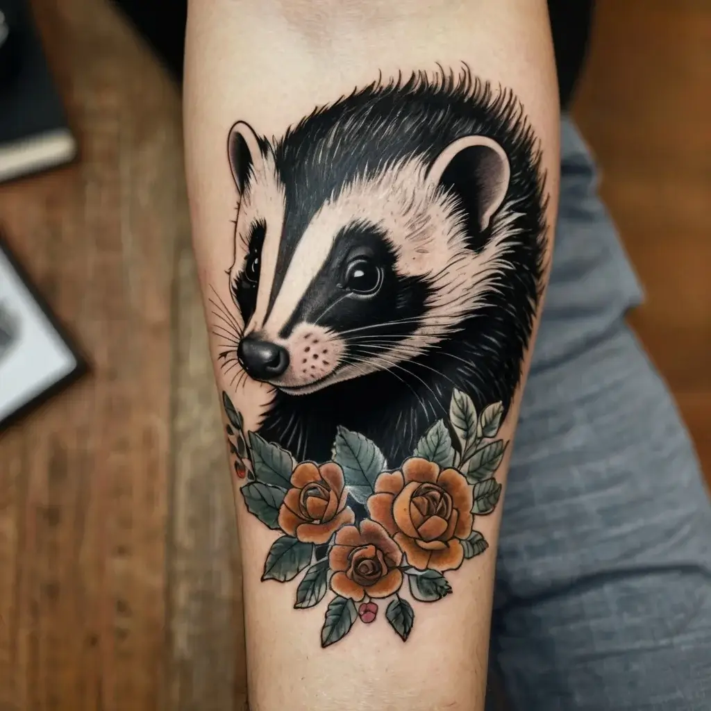 Tattoo of a realistic badger head in black and white, surrounded by orange roses and green leaves on the forearm.