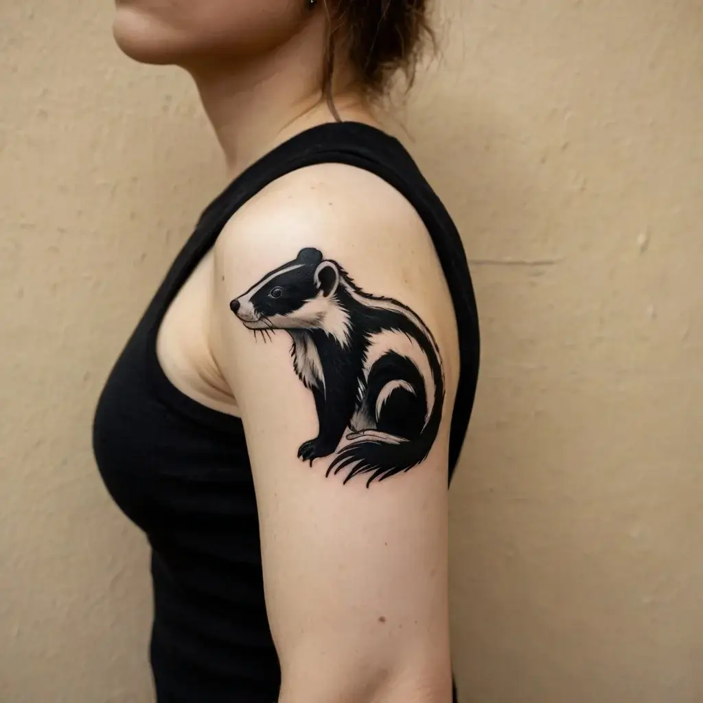 Black and white skunk tattoo on upper arm, detailed fur texture and dynamic pose, conveying strength and uniqueness.