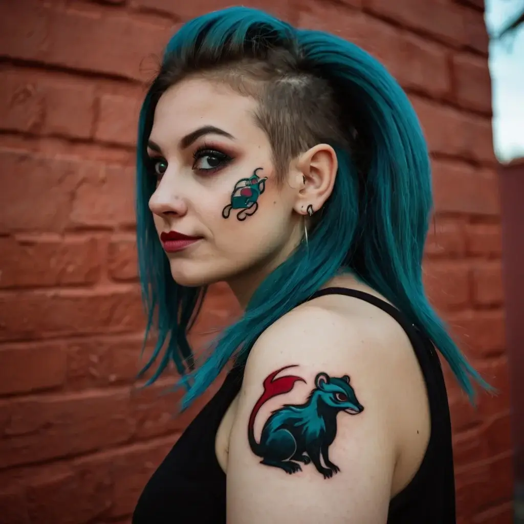 Tattoo of a stylized teal and black rat with a red tail on the shoulder, reflecting bold and edgy art.