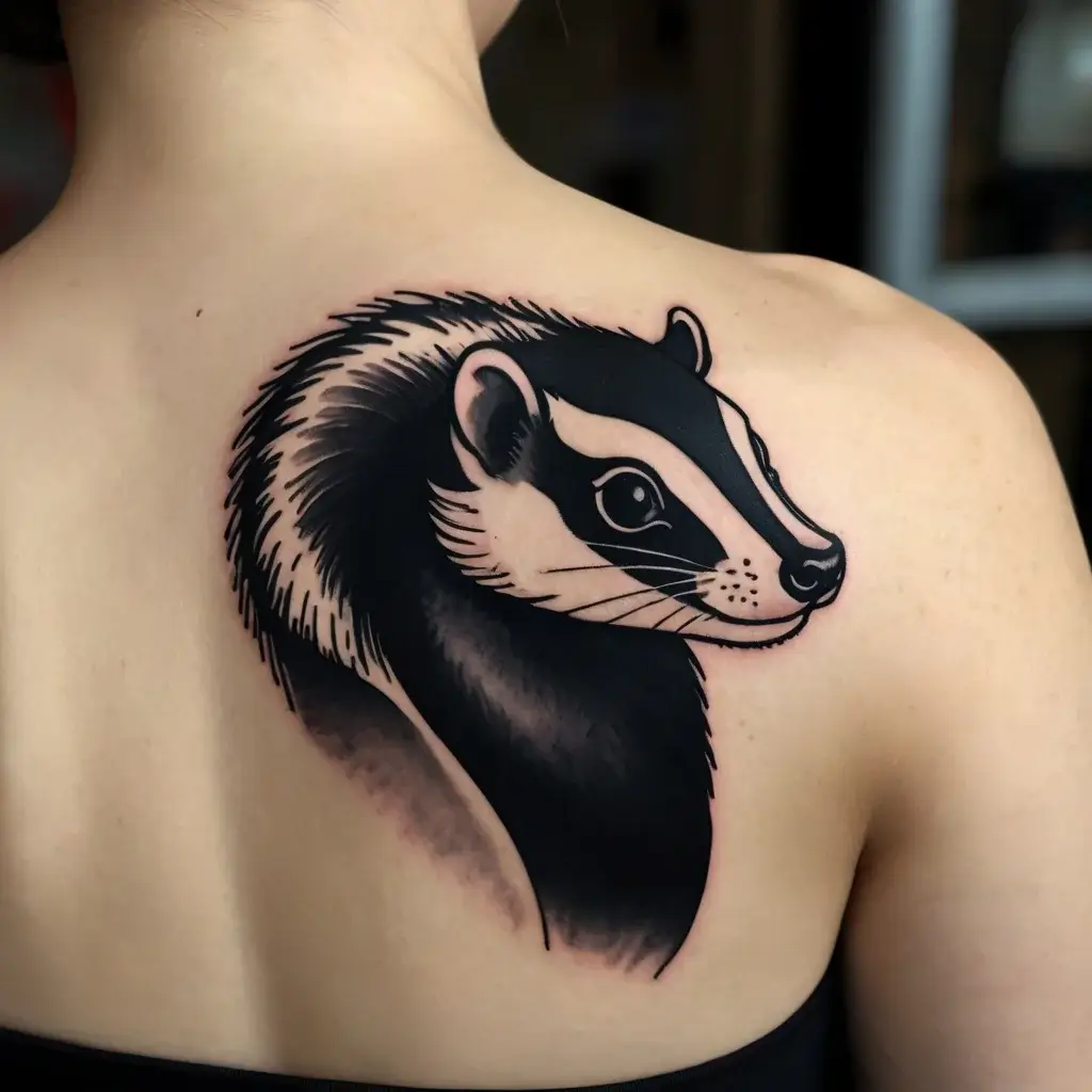 Tattoo of a stylized black and white badger on the shoulder, with bold outlines and smooth shading for depth.