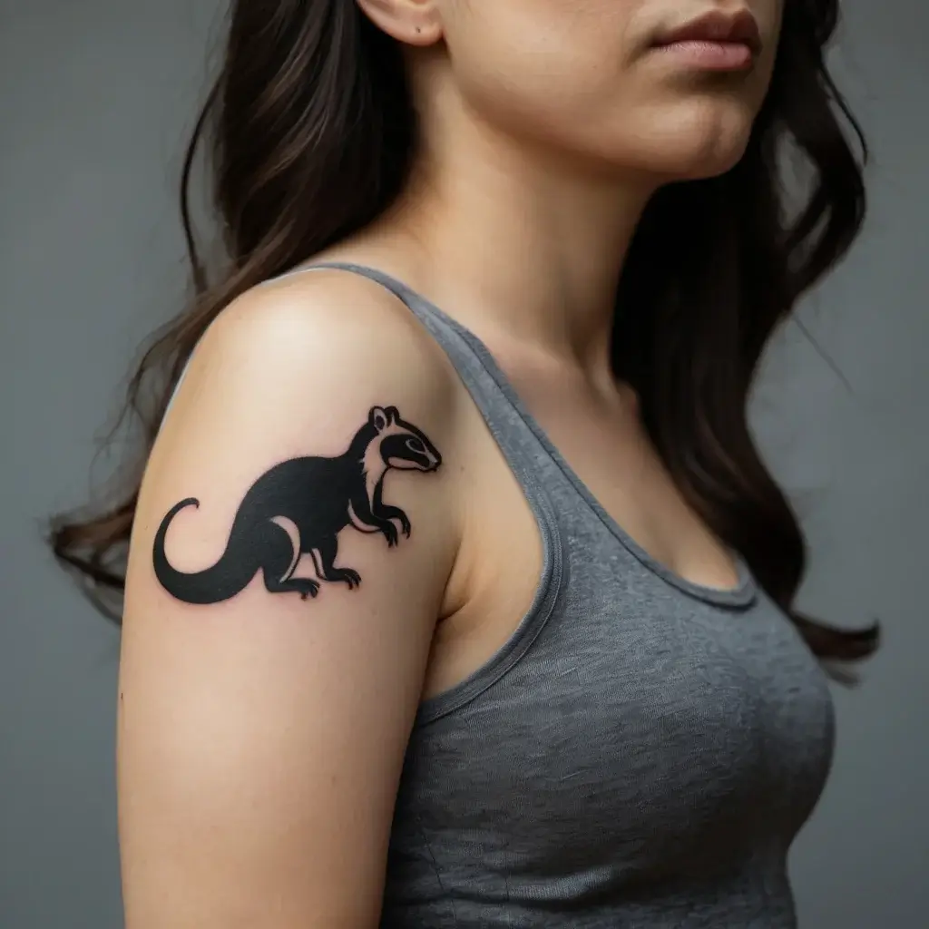 Black silhouette tattoo on shoulder of a stylized rat or mouse, featuring a bold outline and minimalistic design.