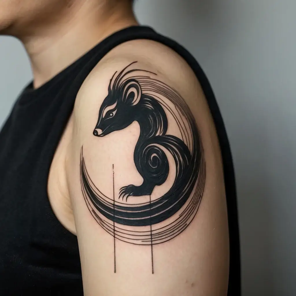 Abstract black fox tattoo with flowing fur, encircled in dynamic lines, creating a sense of motion and elegance.