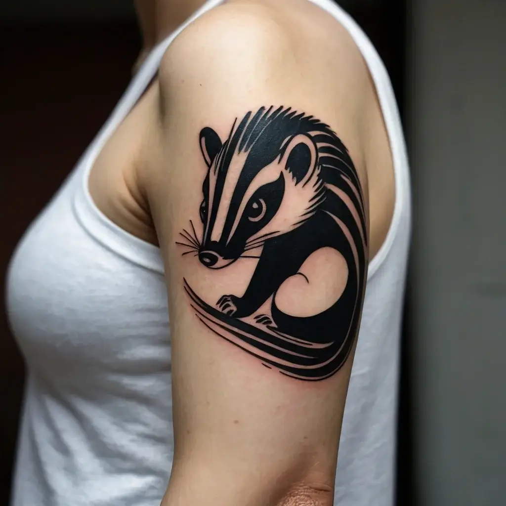 Stylized black and gray badger tattoo on upper arm, showcasing bold lines and geometric curves for a dynamic look.