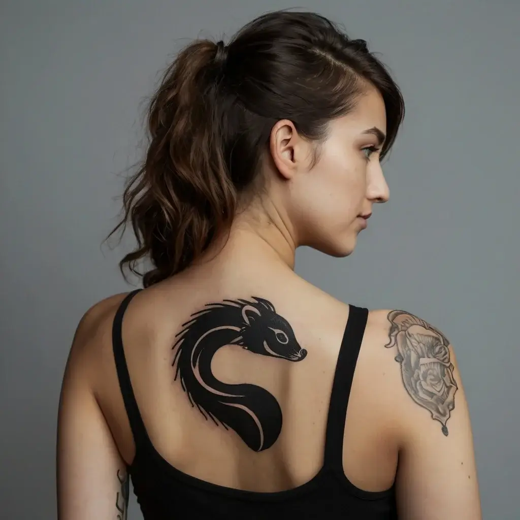 Stylized black ferret tattoo on upper back; fluid curves and sharp lines enhance its sleek, dynamic form.