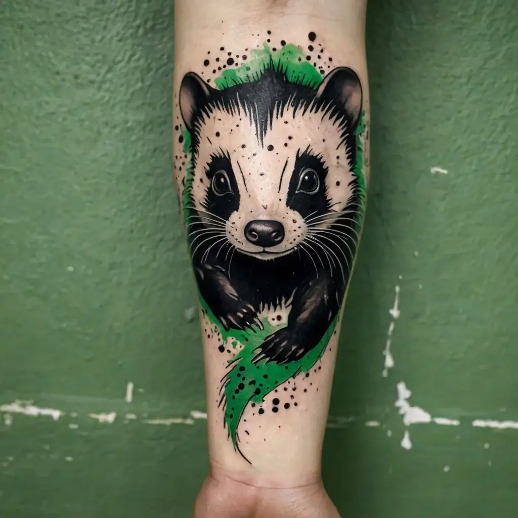 Realistic badger tattoo with vivid green accents and black shading, featuring dot work and bold outlines on the forearm.