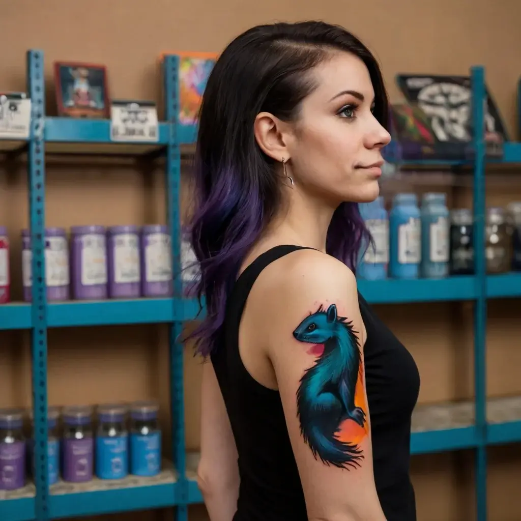 A vibrant tattoo of a blue squirrel with dramatic shading, set against a warm orange background, on a woman's upper arm.