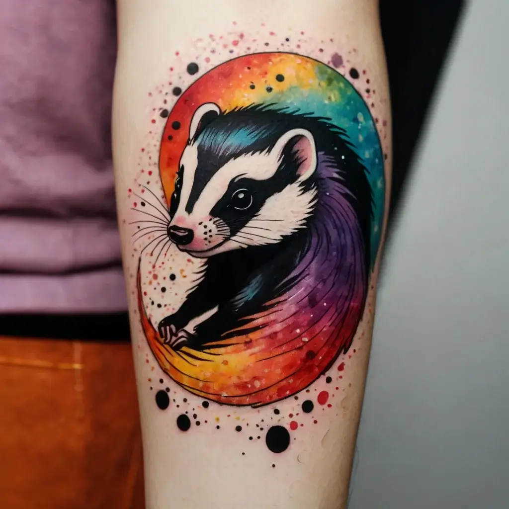 A vibrant badger tattoo with watercolor gradient, surrounded by colorful splatters, blending realism and abstract art.