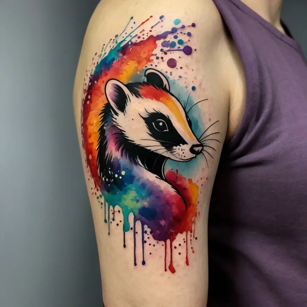 Tattoo of a colorful ferret with a watercolor splash effect, blending vibrant hues merging into dynamic drips.