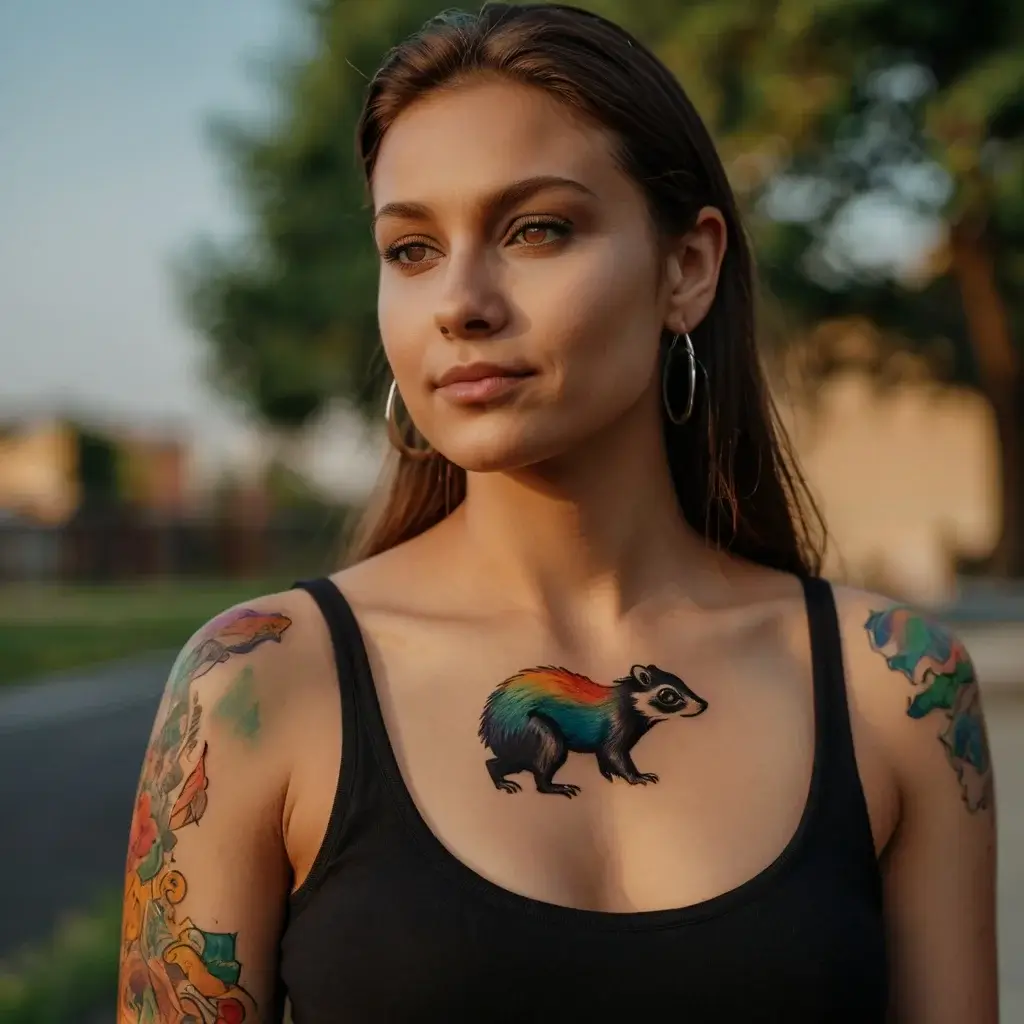 Chest tattoo of a stylized rainbow-colored skunk, embodying unique creativity and vibrant expression.