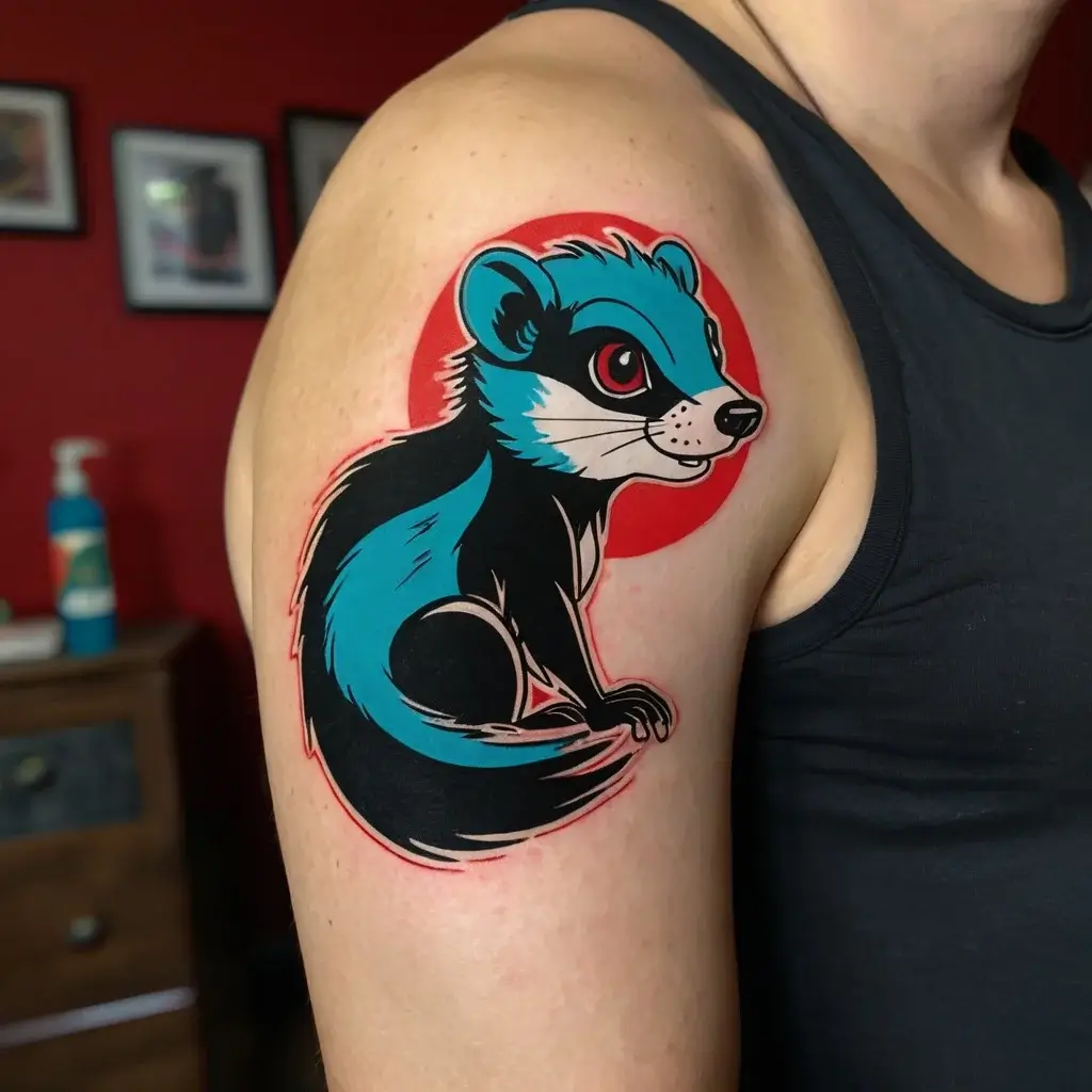 Cartoon ferret tattoo with vibrant teal and black shading, set against a bold red circle background on the arm.