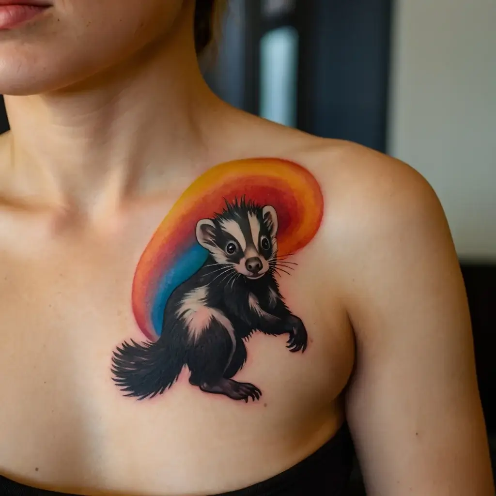 Tattoo of a whimsical black and white skunk framed by a vibrant, rainbow-colored background on the shoulder.