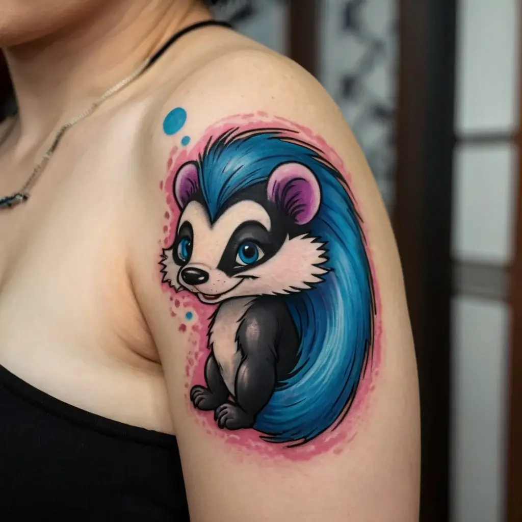 Cartoon skunk tattoo with vibrant blue hair, pink highlights, and playful expression on upper arm.