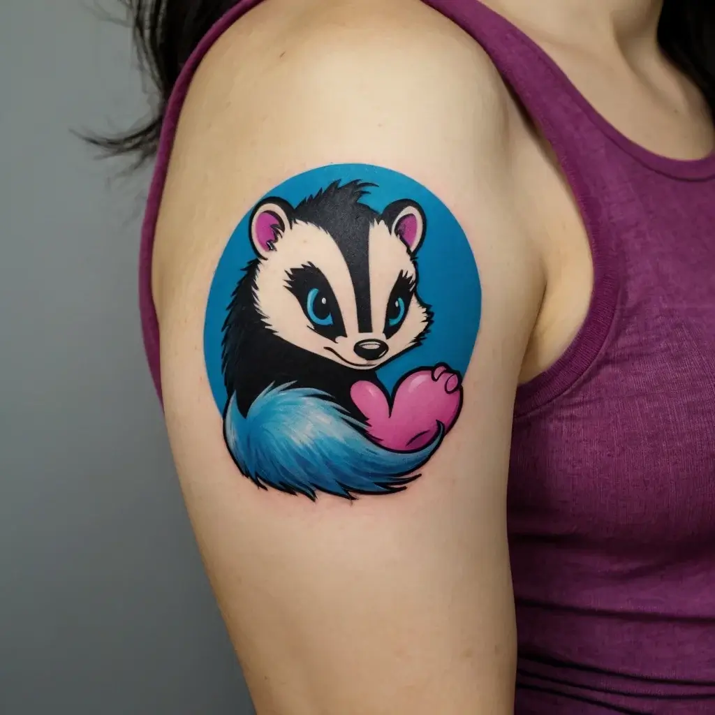 Colorful cartoon badger with a blue background, featuring bright blue eyes and pink elements, on upper arm.