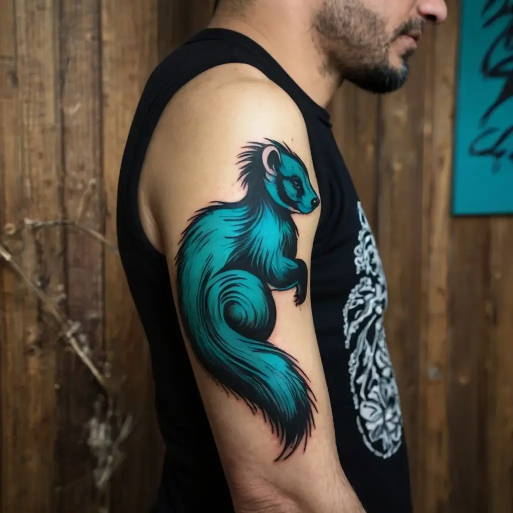 Tattoo of a blue and black stylized squirrel on an arm, with bold outlines and detailed fur texture.