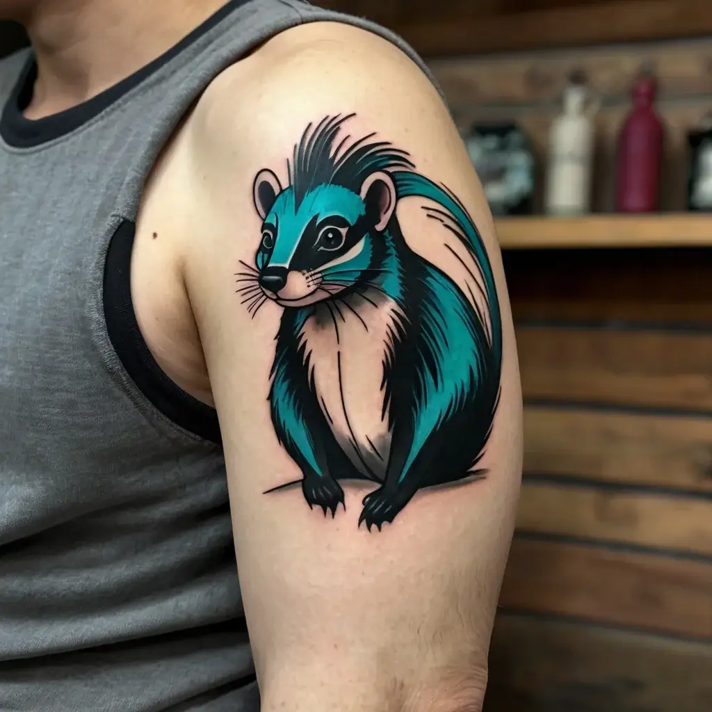 Bold neo-traditional tattoo of a teal and black stylized ferret with dynamic lines and detailed shading on the bicep.