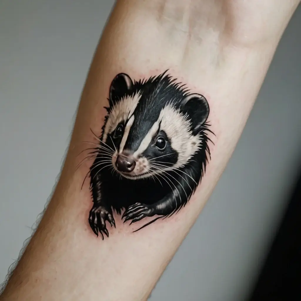 Realistic badger tattoo with intricate fur details and vibrant shading on the forearm.