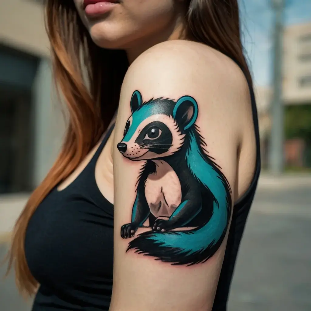 Colorful cartoon-style raccoon tattoo on upper arm, featuring teal and black tones, with large eyes and detailed shading.