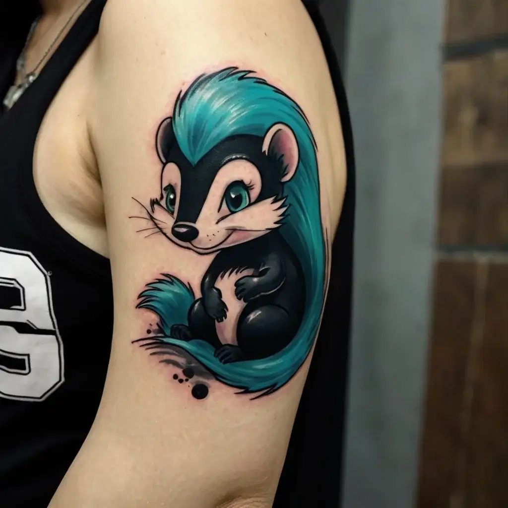 Cartoon skunk tattoo with teal fur highlights, featuring big eyes and a playful pose on the upper arm.