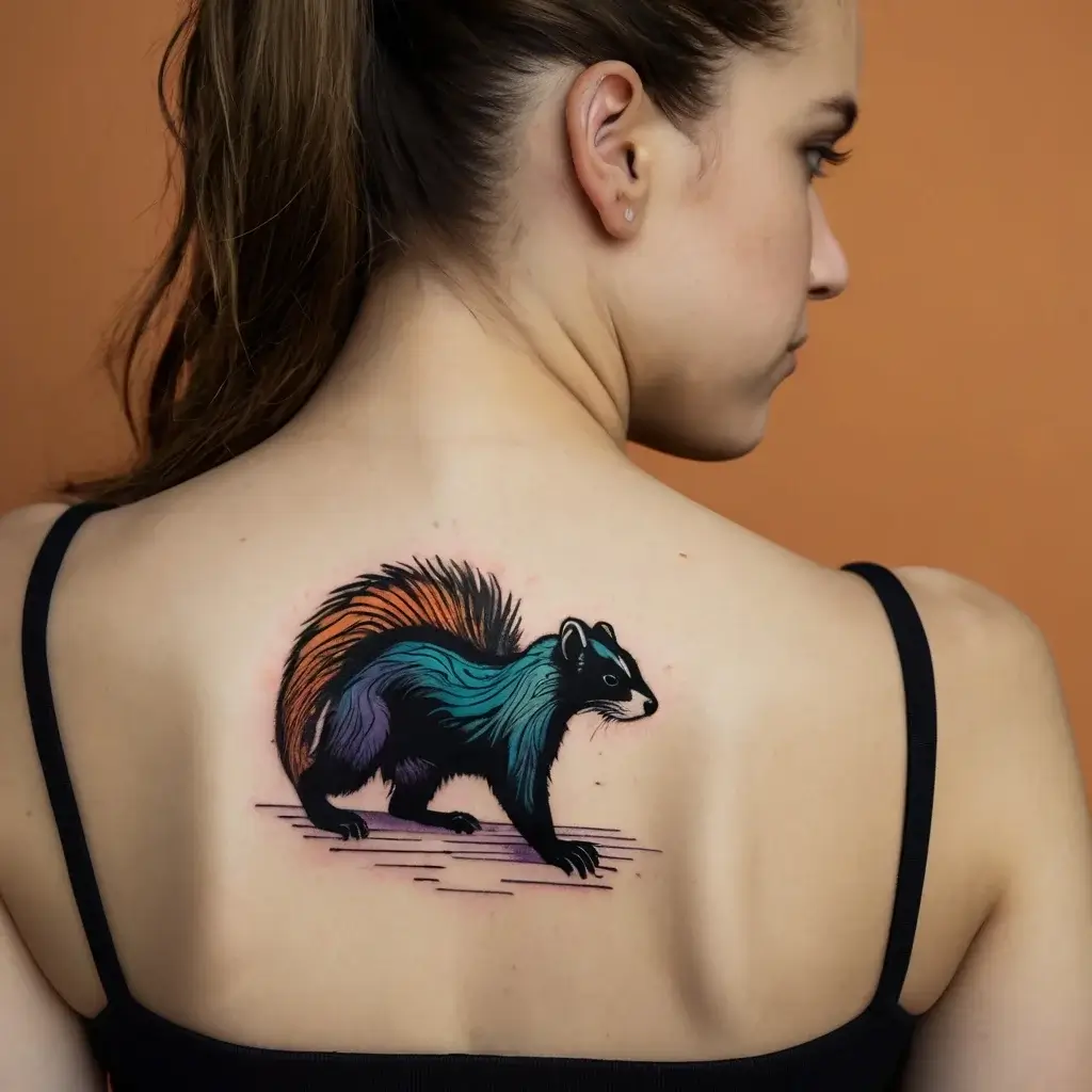 Colorful skunk tattoo on upper back, featuring hues of teal, orange, and purple, with bold black outlines for contrast.