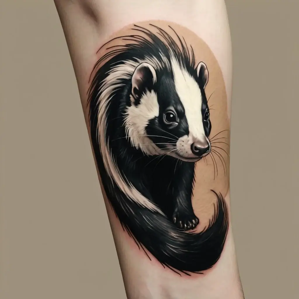 Realistic skunk tattoo design with intricate black and white shading, creating a lifelike and detailed appearance.