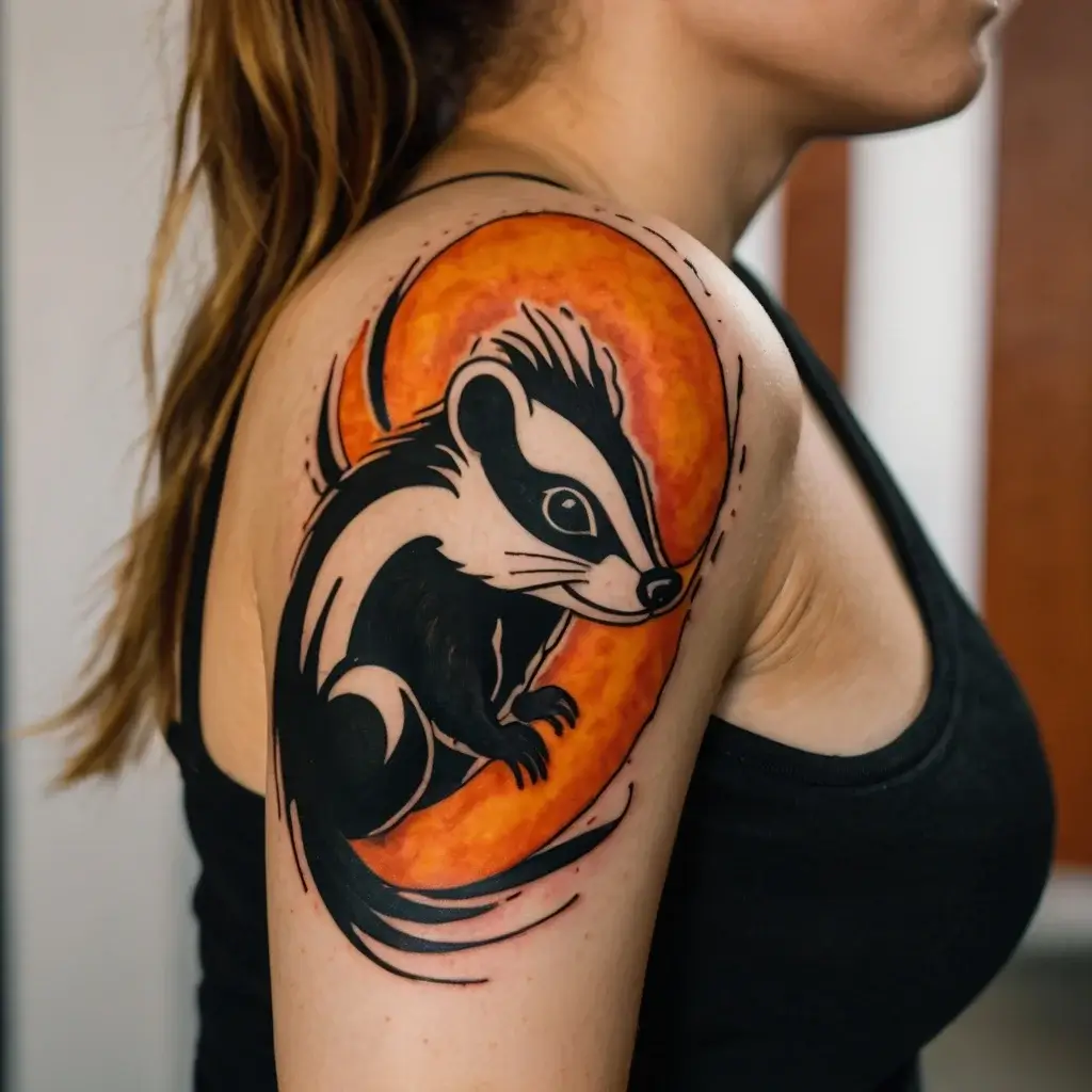 Stylized black and white badger tattoo with vivid orange circle background on the shoulder, blending bold lines.