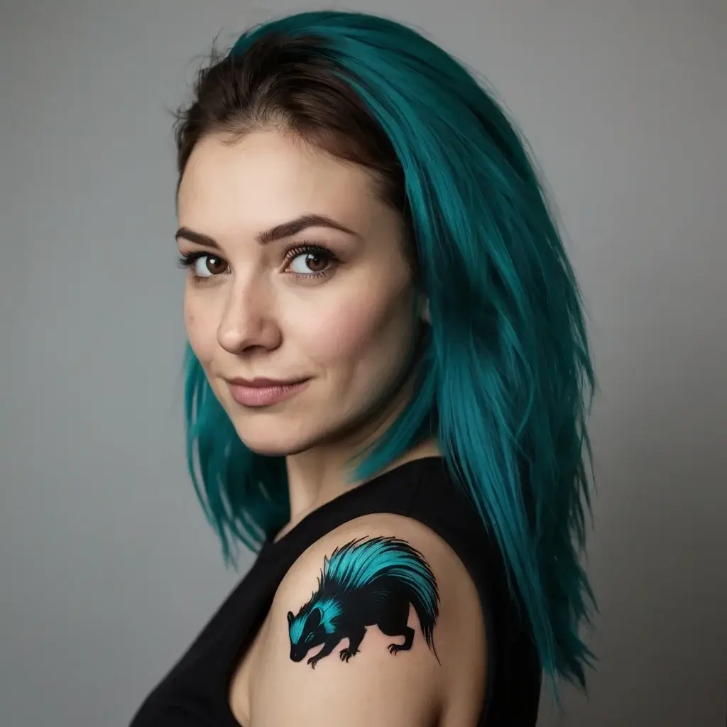 Tattoo of a stylized black squirrel with vibrant turquoise fur on the woman's upper arm, matching her hair.