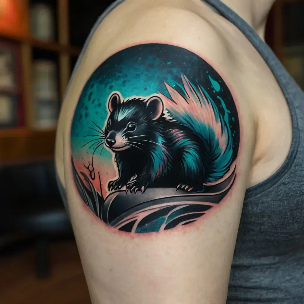 Tattoo of a stylized skunk in vibrant blue and pink hues, set against a dynamic, cosmic background on an upper arm.