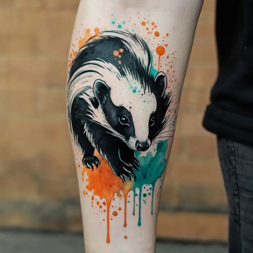 Badger tattoo in black and white with vibrant splashes of orange and teal paint drips, creating a dynamic look.