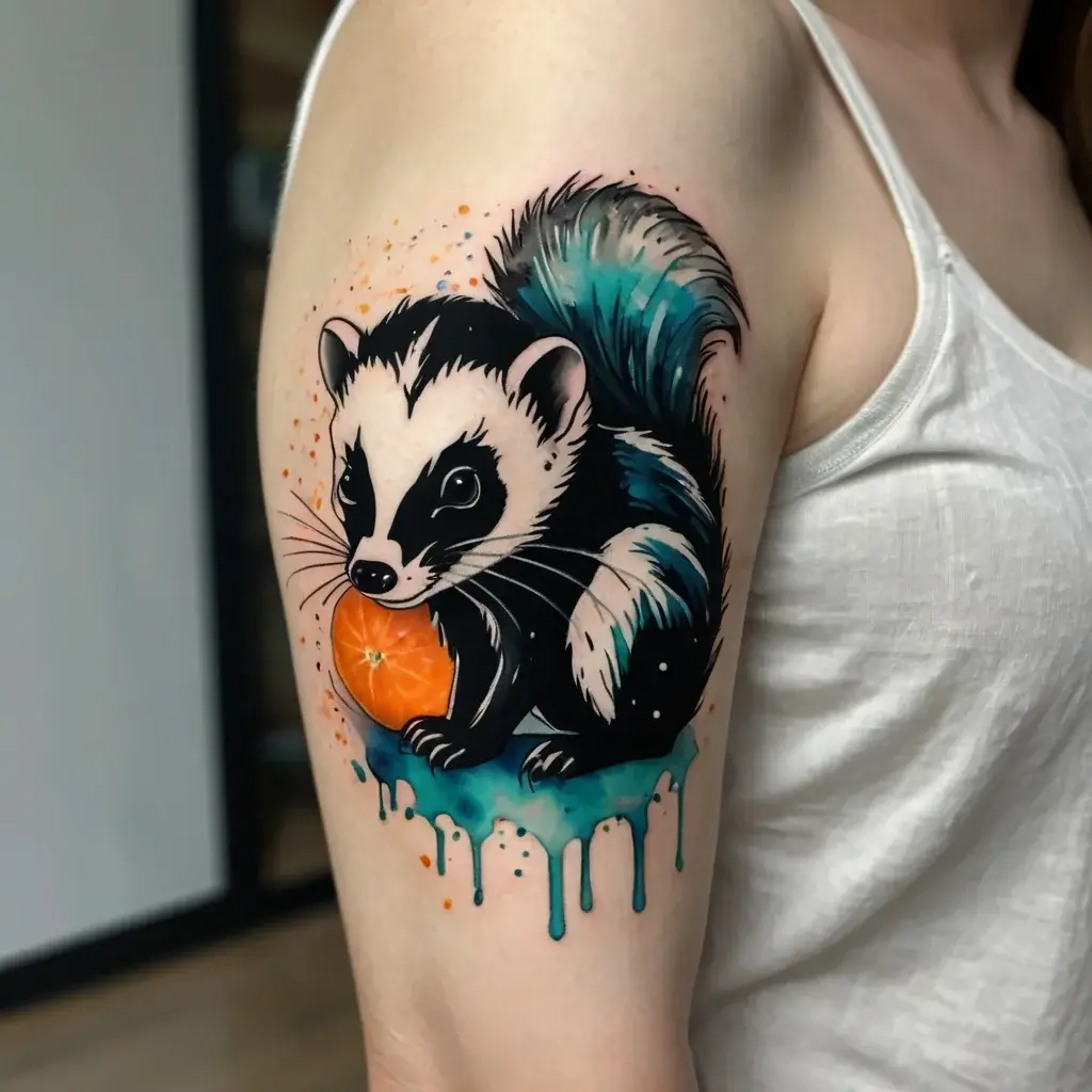 Tattoo of a stylized raccoon holding an orange, with bright splashes of blue and orange in watercolor style.