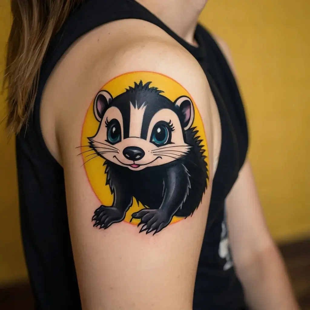 Cartoon badger tattoo with bold outlines, vibrant colors, and a playful expression, set against a bright yellow circle.