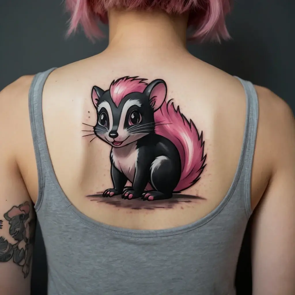 Tattoo of a cute cartoon skunk with pink hair and tail, detailed shading, centered on the upper back.