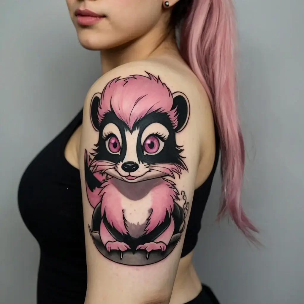 Cartoonish skunk tattoo with vibrant pink and black colors, big eyes, and a playful expression on the upper arm.