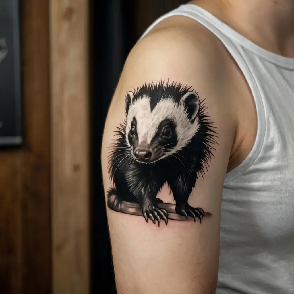 Tattoo of a detailed black and white ferret on an arm, showcasing realistic fur texture and expressive eyes.