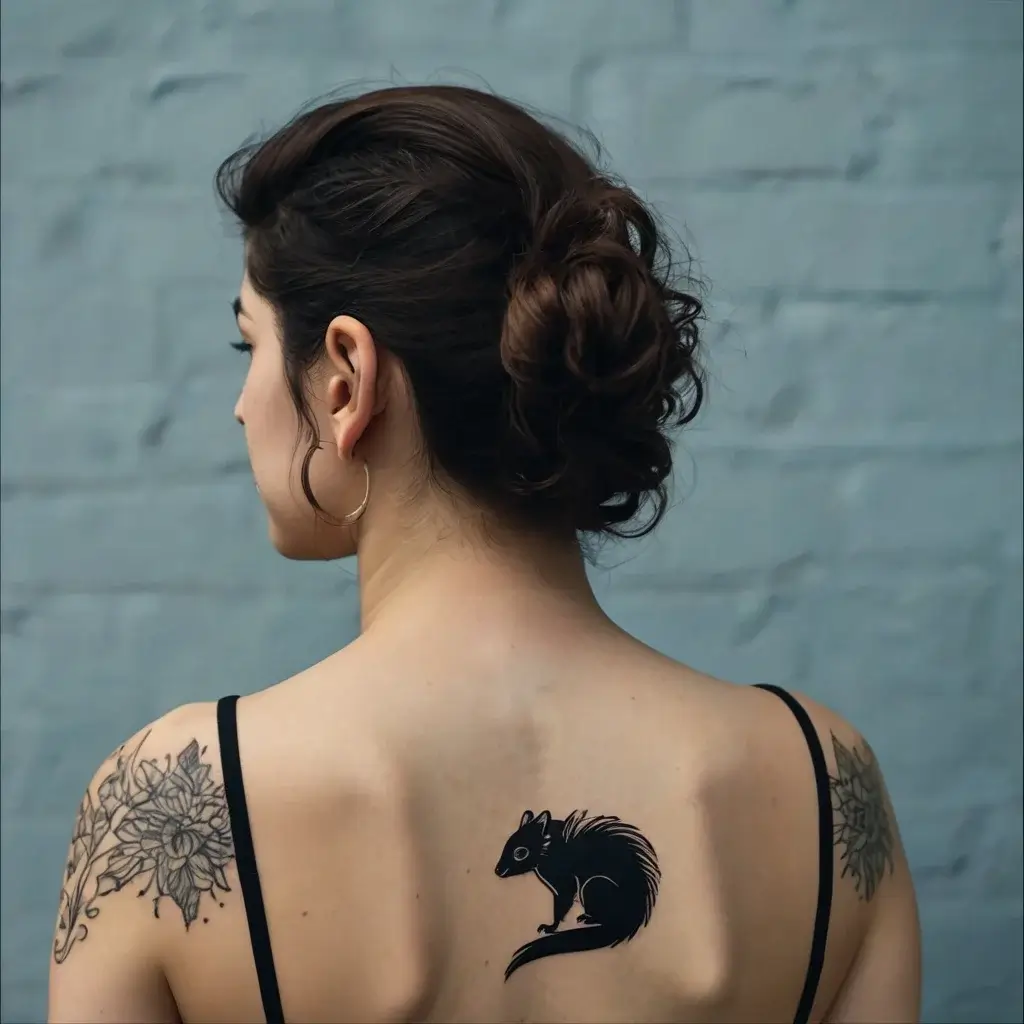 Tattoo of a stylized black rat with a swirling tail on the upper back, flanked by floral designs on each shoulder.