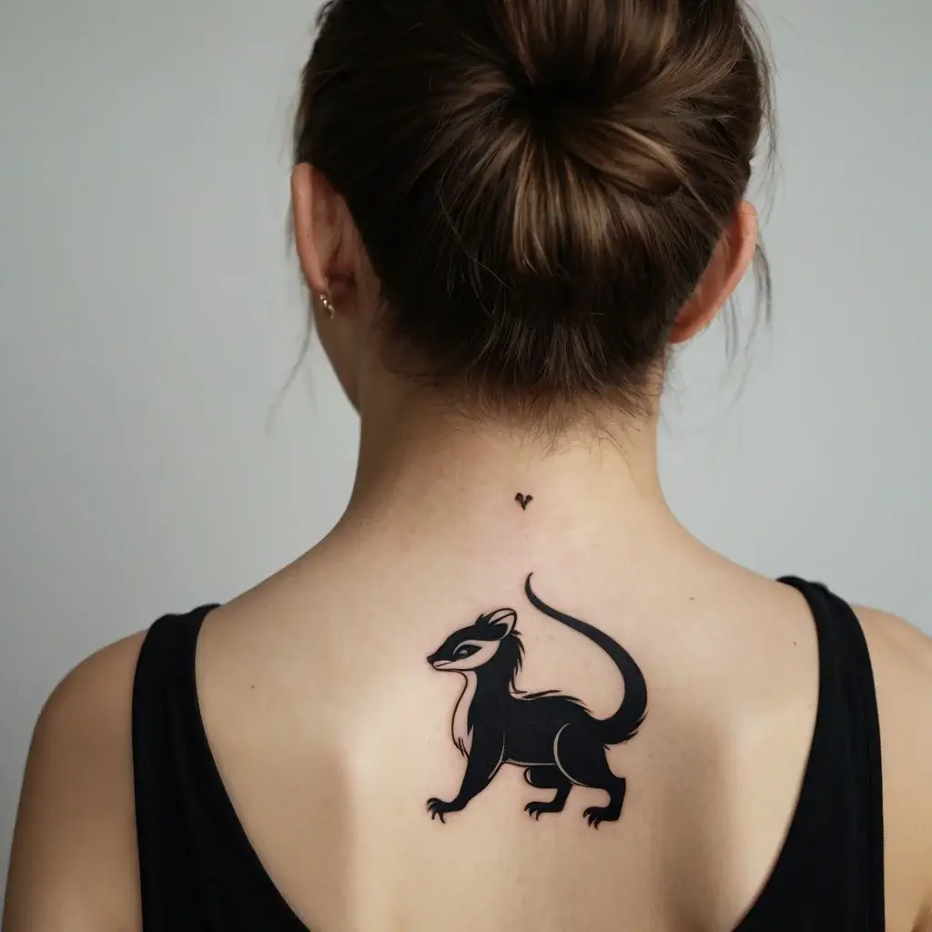 A stylized black and white weasel tattoo on the upper back with a tiny heart above it, emphasizing elegance and grace.