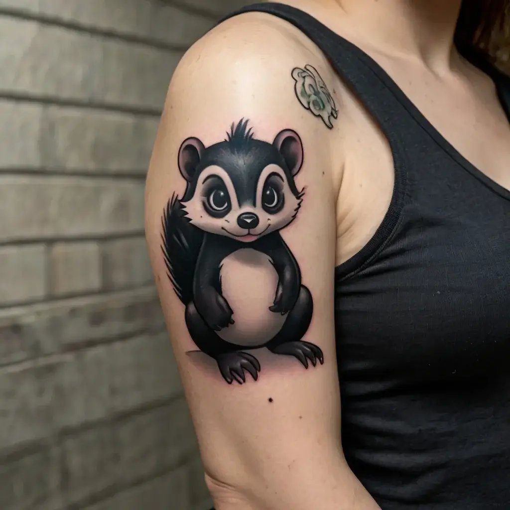 Tattoo of a cute cartoon-style skunk with big eyes and a fluffy tail on an arm, detailed in black and gray.